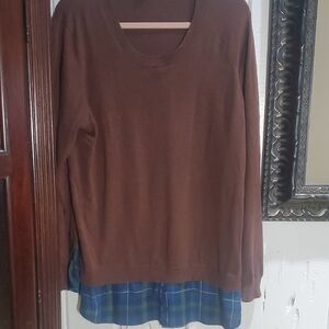 Brown Sweater with Blue Plaid Hem By IMAN